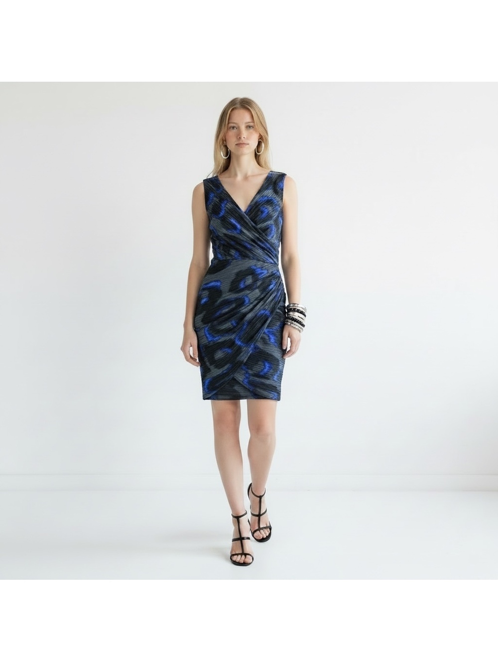 Halston Heritage Blue and Black Sleeveless Wrap Dress Size Small